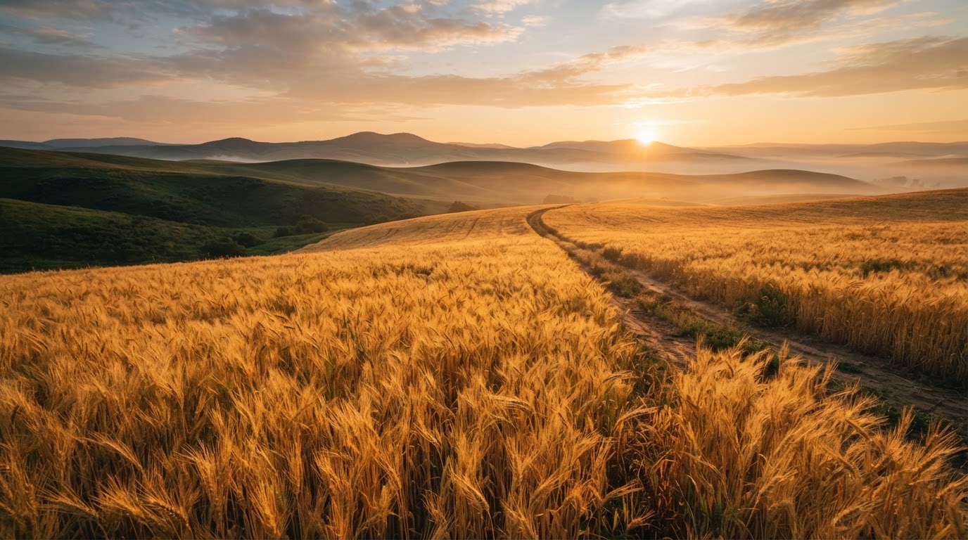 Golden wheat fields at sunrise across rolling hills